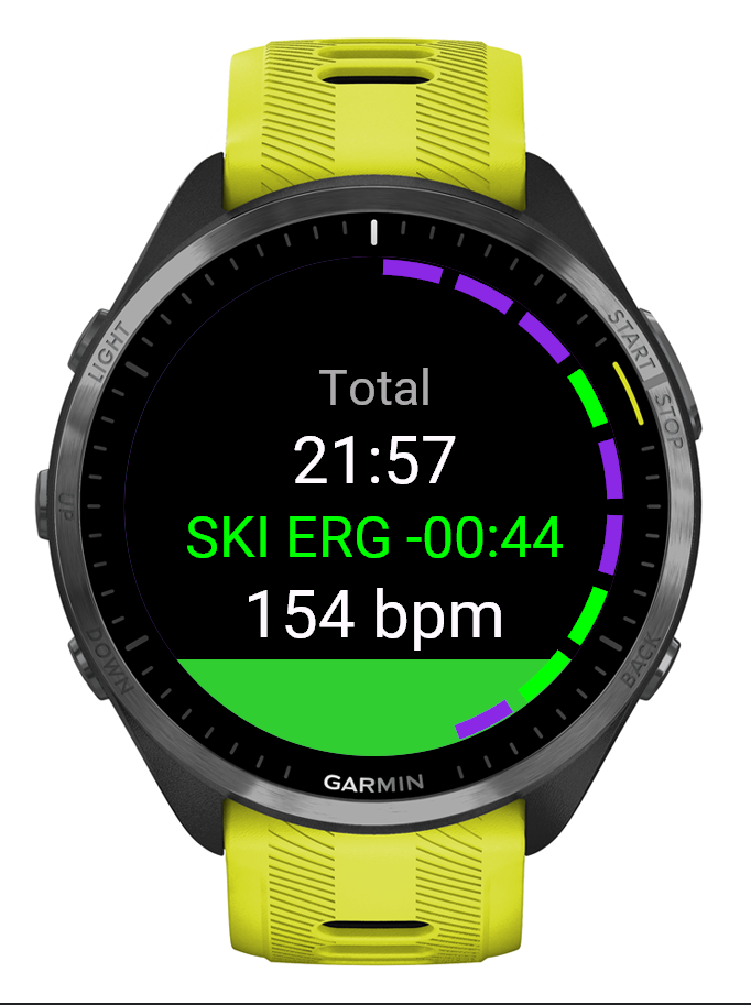 RaceDeka station screen showing total time, Ski Erg comparison, heart rate, and the progress ring.