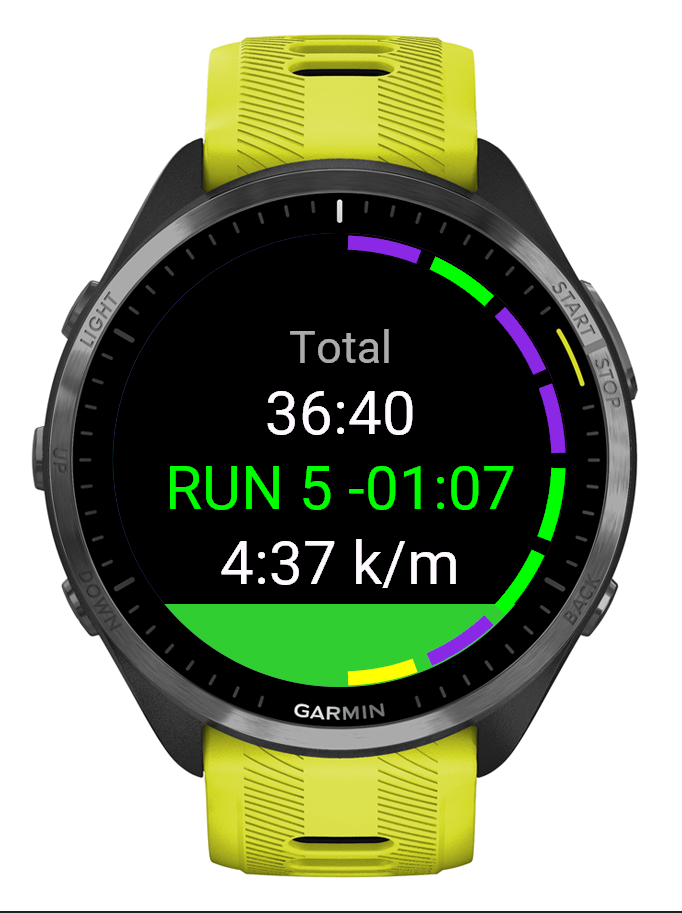 RaceRox run screen showing total time, Run 5 comparison, running pace, and the colored progress ring.